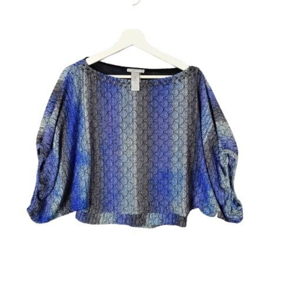 Alberto Makali Womens Mermaid Flowy Knit Blouse M Blue Ombre Beaded Batwing Top
